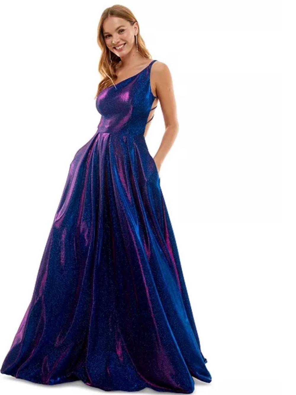 B Darlin Strappy-Back Glitter-Finish Gown